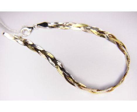 WOVEN BRACELET. Sterling silver gold plated tri colour woven bracelet