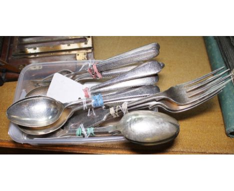 PLATED FLATWARE. Box of silver plated flatware