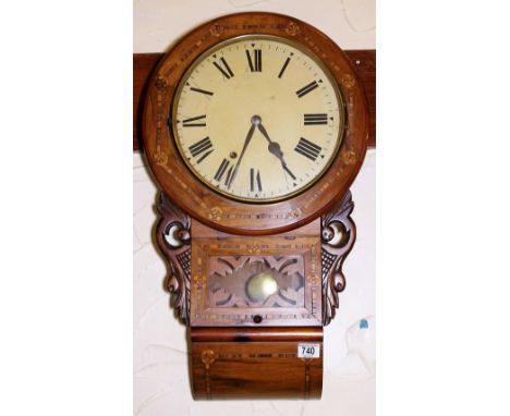 INLAID WALNUT CLOCK. Inlaid walnut cased Amercan drop dial wall clock with key and pendulum. H - 66cm.