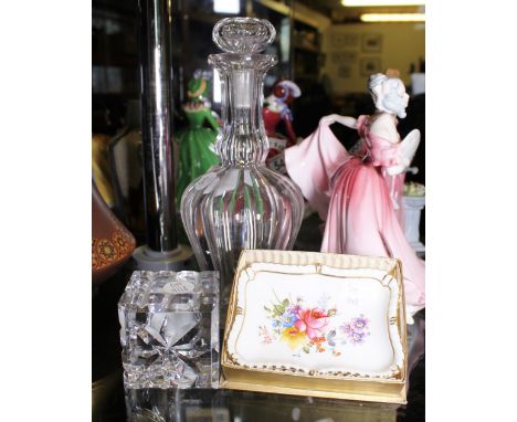CRYSTAL DECANTER. Cut crystal Edwardian decanter, crystal clock and boxed Royal Doulton pin dish