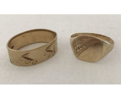 2 vintage 9ct gold rings. A 6mm wedding band and a mens signet ring with half engraved detail. Both for scrap. Selling on beh