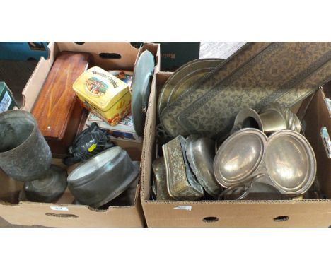 A quantity of assorted metal wares including trays, lamp parts etc