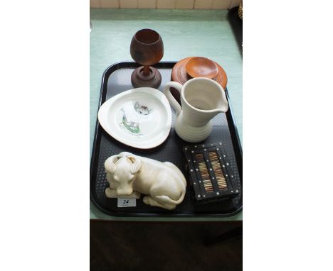 An ebony and quill box, two turned wooden items plus a 1960's Copeland Spode 'Cutie Kitten' dish