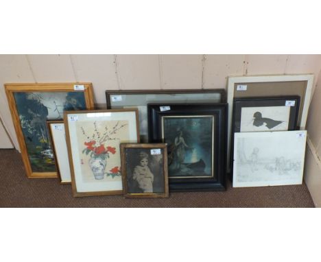 Nine assorted watercolours, prints and an oil including a landscape of Wales, a blue and white print of an oyster catcher etc