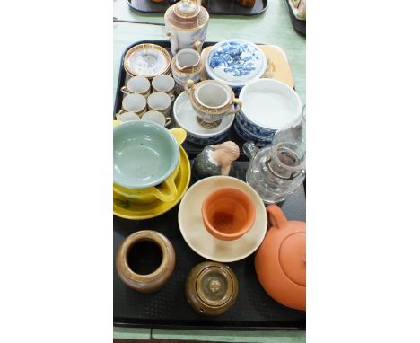 A tray of Japanese porcelain including blue and white dishes, a part coffee set, a tray of terracotta items, stoneware plus a