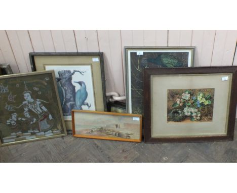 A framed print 'Tivoli' by Lars Bo 1979, an Indian framed textile plus five assorted prints