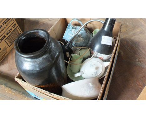 A collection of Studio Pottery and stoneware pieces including a Derby "Tamsin" bowl, a vase, a jug, a circular mirror, a sele