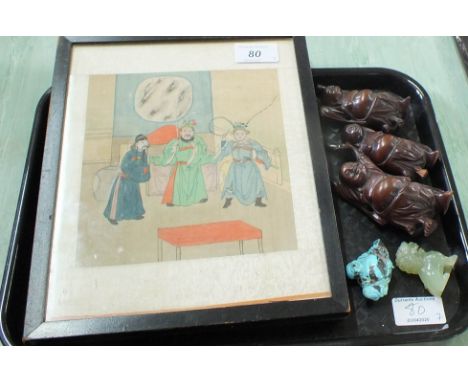 A pair of Chinese paintings on silk of warlords and geishas, three carved hardwood figures, a jade lion plus a turquoise Budd