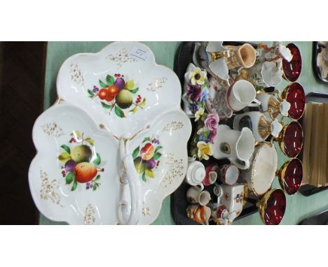 A tray of assorted glass and china including a set of five gilded ruby glass champagne boats, a Carlton china 1st world war a