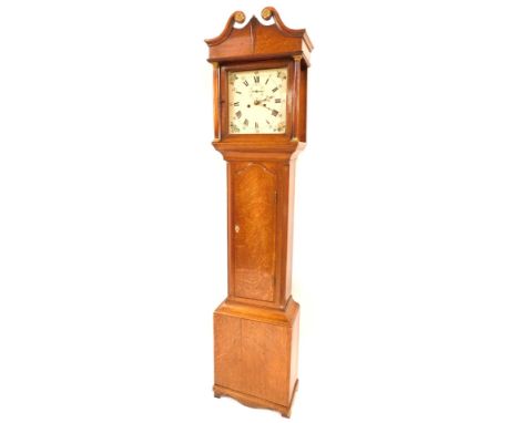 A 19thC oak long case clock, the square dial painted with Roman and Arabic numerals, subsidiary seconds dial, eight day, with
