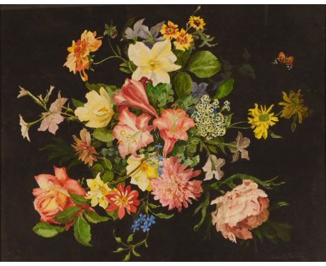 Marie R Partridge (20th/21stC). Floral still life, watercolour on black backing, signed, 50cm x 61cm, framed and glazed.