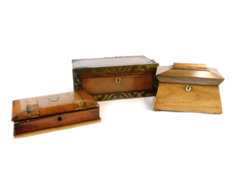 Three 19thC and later boxes, comprising a sarcophagus shaped tea caddy with mother of pearl key plate, on bun feet, 13cm high