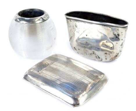 An Edward VII cut glass and silver mounted match striker, Birmingham 1905, a Victorian silver hip flask base container, Sheff