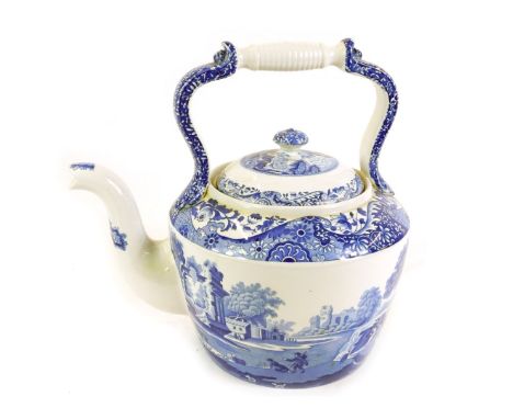 A Spode Italian pattern pottery blue and white tea kettle, printed mark, 33cm wide. 
