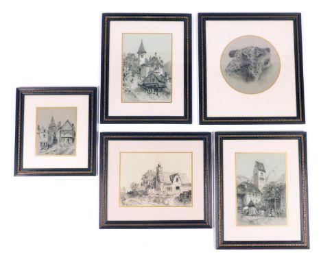 G Deason. Five charcoal and chalk sketches, three of Continental landscapes, one entitled France, the other Flingen, and anot