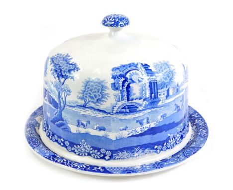 A Spode Italian pattern blue and white pottery cheese dish and cover, 19cm high. 