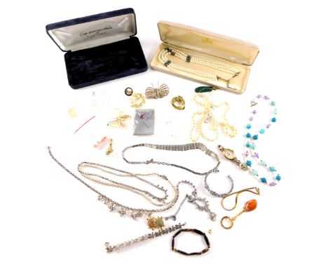 A group of costume jewellery and effects, comprising a Rotary lady's Classic wristwatch, cultured pearl necklaces, marcasite 