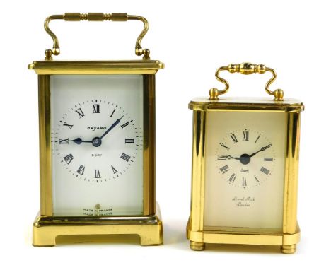 Two brass carriage timepieces, comprising Bayard France brass cased clock with white enamel dial with Roman numerals and eigh
