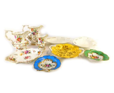 Decorative china, comprising a set of three Dresden Sprays Hammersley jugs, two French Limoges style floral pin dishes, a Roy