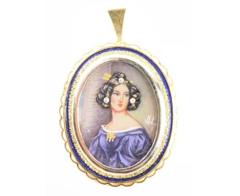 A late 19th/early 20thC portrait pendant/brooch, with a blue enamel outer border and petallated rim, on single pin back with 