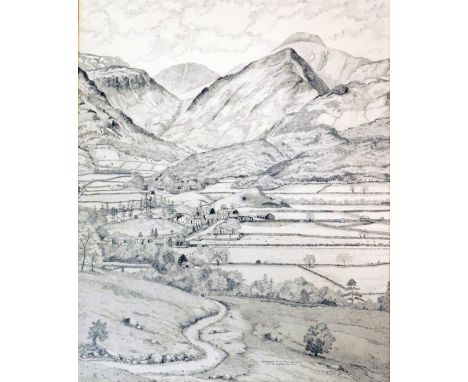 Bill Lawrence (20thC). Rossthwaite and the Borrowdale Valley from the Watendlath Path, pencil sketch, signed and dated June/J