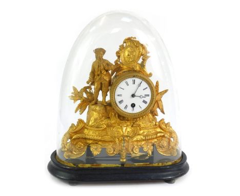 A late 19thC gilt metal mantel clock, circular enamel dial bearing Roman numerals, thirty hour movement, the case of barrel f