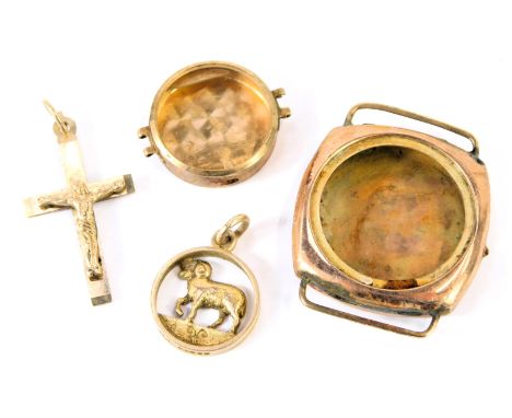 A group of yellow metal, comprising a 9ct gold ram pendant, 9ct gold crucifix pendant, and two watch cases, yellow metal stam