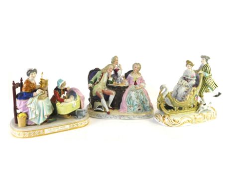 A group of Continental porcelain, comprising salon suite figure groups, with two figures playing chess and an on looker, 25cm