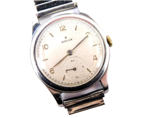 A Rolex stainless steel cased wristwatch, circular silvered dial bearing Arabic numerals at evens, subsidiary seconds dial, m