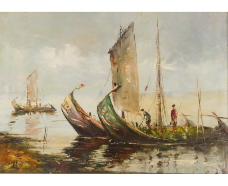 Asian School (20thC). Seascape with fishing vessels, oil on canvas, signed indistinctly, 49cm x 68cm. 