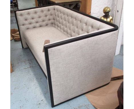 SOFA, two seater, in buttoned neutral fabric, on wooden framed support, 182cm L.