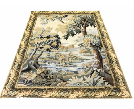 VERDURE TAPESTRY, 227cm x 170cm woodland and lake scene within a chestnut leaf border.