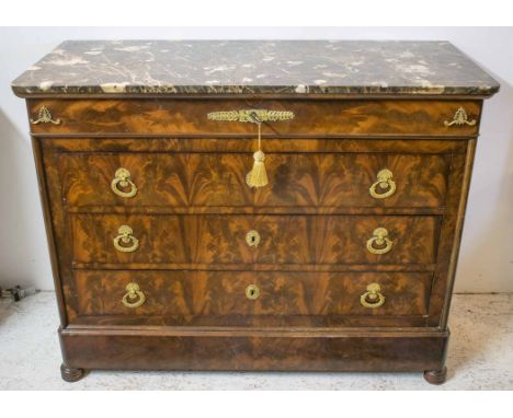 COMMODE, Charles X, mahogany and brass mounted with marble top above four drawers, 96cm H x 122cm W x 53cm D.