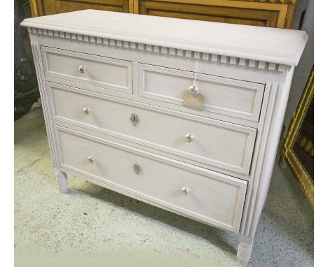 COMMODE, Gustavian style, grey painted with dentilled frieze above two short and two long drawers, 36cm D x 41cm W x 78cm H.