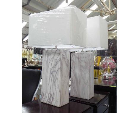 TABLE LAMPS, a pair, in ceramic marble effect with shades, 71cm H. (2)