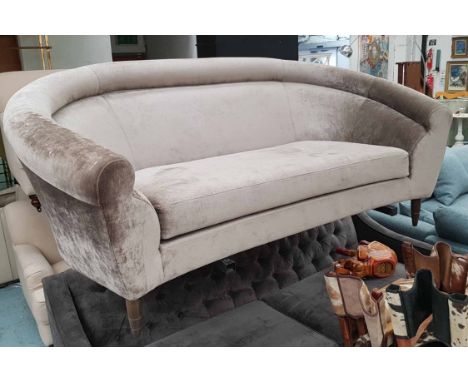 SOFA, mid century in taste, with a silver velvet finish, approx 200cm W.