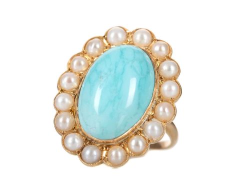 TURQUOISE AND PEARL CLUSTER RING set with cabochon turquoise within a halo of pearls, in eighteen carat gold, size N8.3g