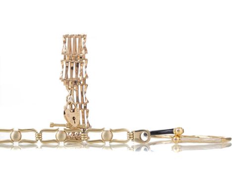 TWO GOLD BRACELETS AND A BANGLE comprising gate bracelet and one other, each in nine carat gold, 26g gross, along with an unm