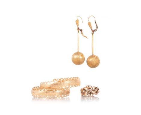TWO PAIRS OF EARRINGS AND A RING the hoop earrings marked K18, the others unmarked, along with an unmarked ring15.8g grossQty