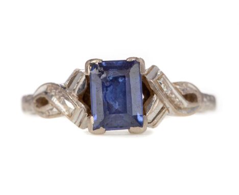 SAPPHIRE RING set with a step cut sapphire, marked 18CT, size J2.4g