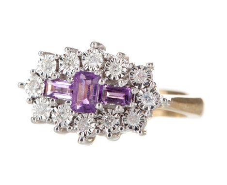AMETHYST AND DIAMOND RING set with three central amethysts within a halo of illusion set diamonds totalling approximately 0.2