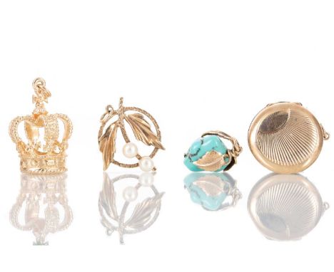 GROUP OF GOLD AND OTHER CHARMS including a nine carat gold crown, nine carat gold back and front locket, gold plated opal hea