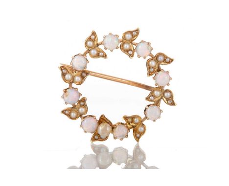 OPAL AND SEED PEARL BROOCH 27mm diameter, marked 15CT