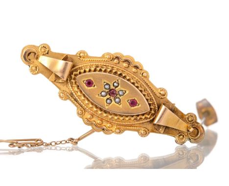RUBY AND SEED PEARL MOURNING BROOCH VICTORIAN with panel to the reverse for hairwork, marked 9CT