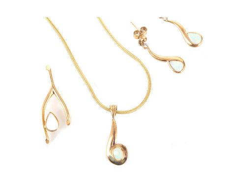 COLLECTION OF OPAL JEWELLERY comprising wishbone pendant marked 14K and a nine carat gold matching pendant and earring setQty