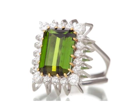 TSAVORITE GARNET AND DIAMOND RING set with a step cut tsavorite within a halo of round brilliant cut diamonds, marked 18CT, d