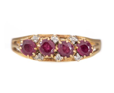 RUBY AND DIAMOND BAND the rubies interspaced by diamond chips, marked 750, size R 1/23.4g