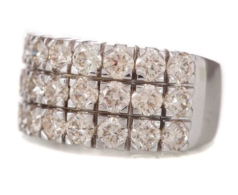 DIAMOND THREE ROW RING set with round brilliant cut diamonds totalling approximately 4.14 carats, marked 9K, size M10.2g