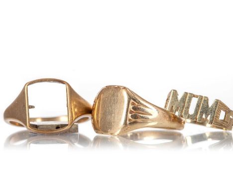 MASONIC SWIVEL SIGNET RING ALONG WITH TWO OTHER GOLD RINGS each in nine carat gold13.3g grossQty: 3