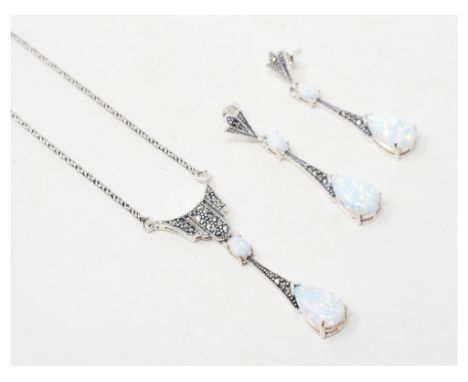 A silver, opal, and marcasite Art Deco style necklace, and a matching pair of earrings (3) 